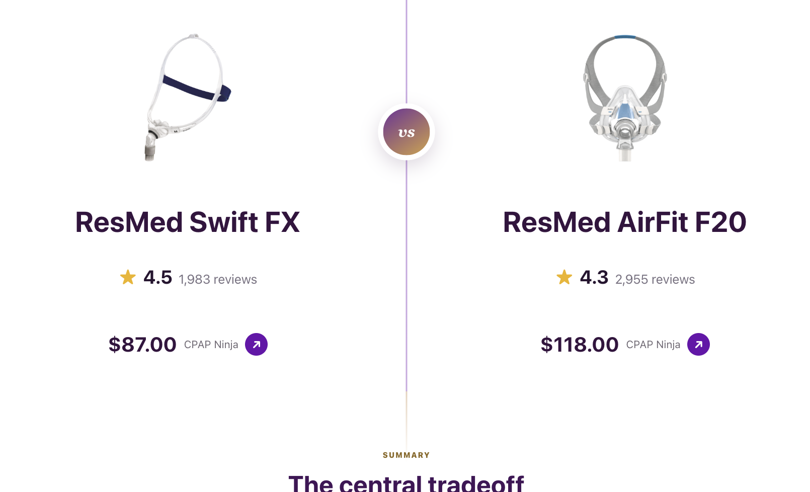 The CPAP Library side-by-side mask comparison screen