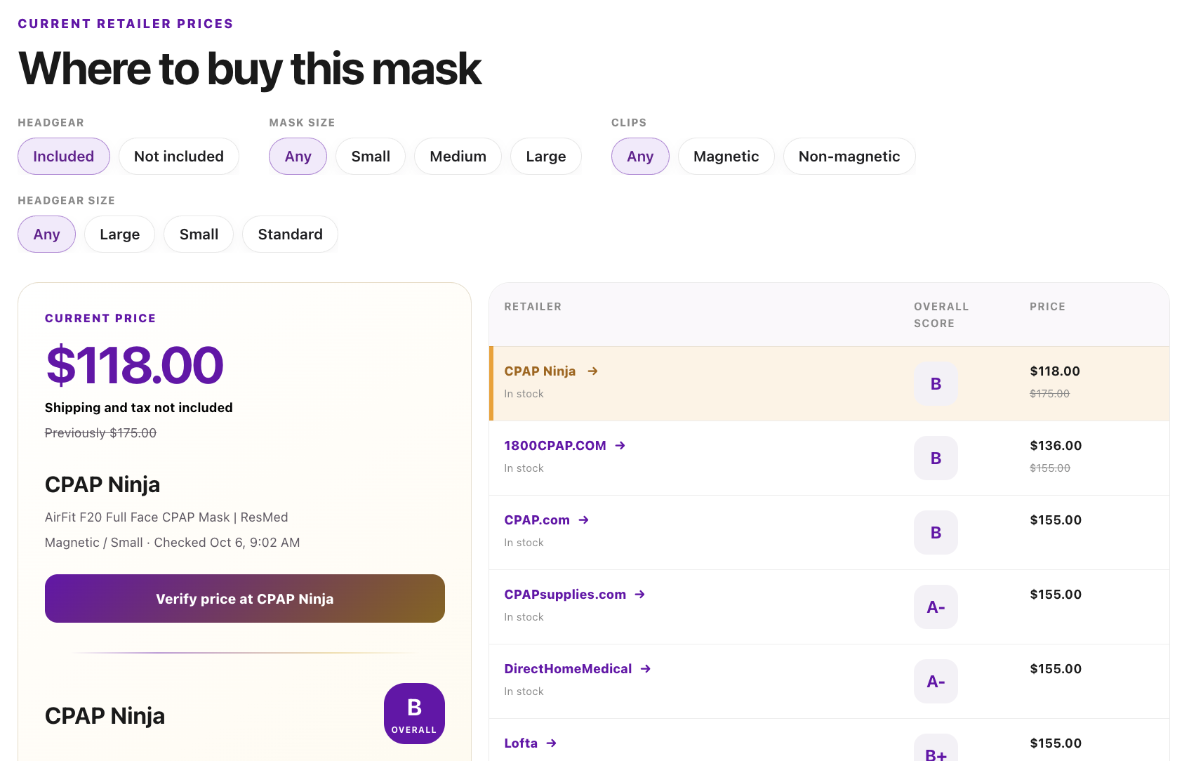 The CPAP Library retailer price comparison screen