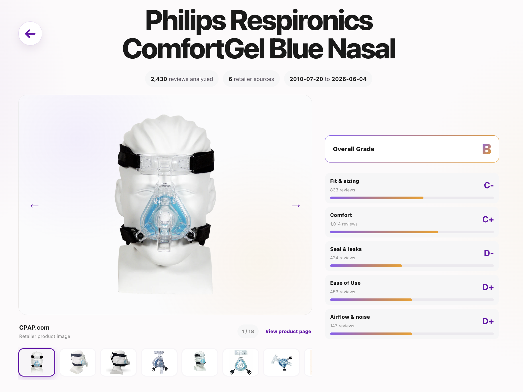 The CPAP Library product detail screen with category grades and product photography