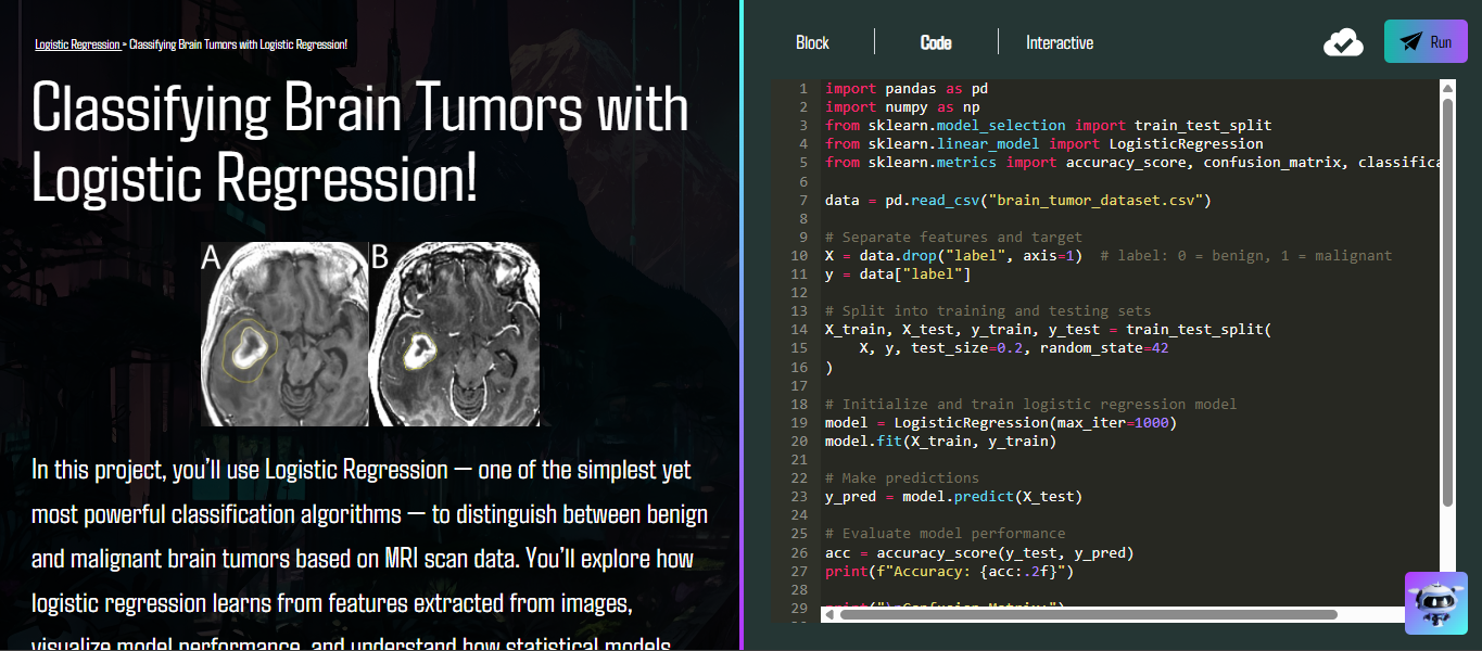 Cyberpolis lesson for classifying brain tumors with logistic regression