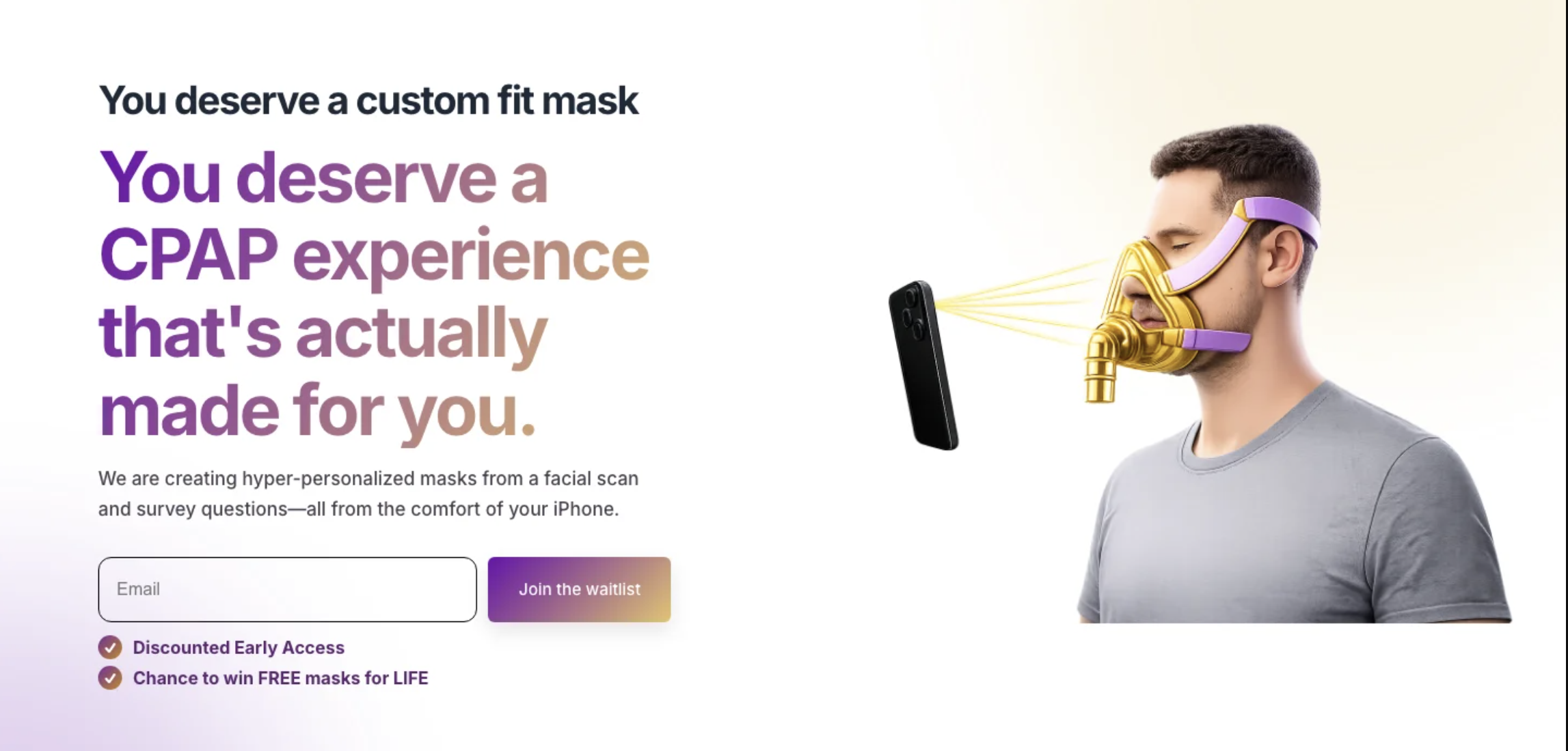 DreamSeal homepage introducing its custom-fit CPAP mask experience