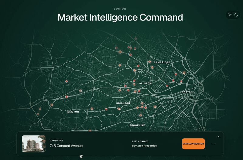 Janitorial Sales Intelligence map demo moving through Boston-area sales leads